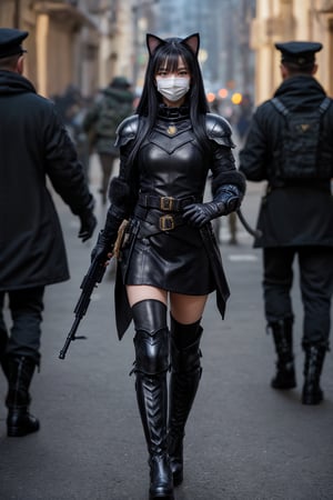 1girl, looking at viewer, long hair, blue eyes, gloves, holding gun, black hair, standing, full body, weapon, boots, solo focus, black gloves, black footwear, holding weapon, armor, blurry, gun, military, holding gun, rifle, assault rifle,CAT WITCH,egypt,masked,1 girl,Void volumes,modern