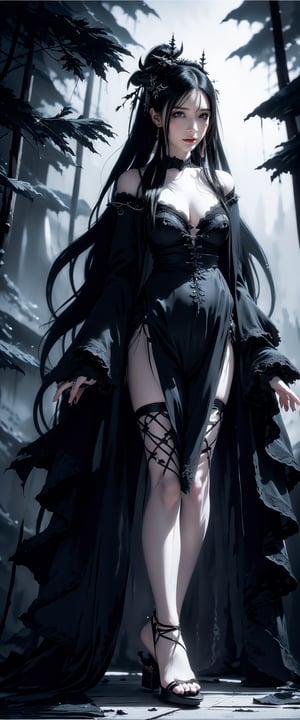 young anime yurei girl, hazel eyes, black on white smoke layer, long straight black hair over eyes obscuring one eye, long black hair, wearing a loose plain white cotton nightgown, Hair over eyes, pale skin, bare feet, fight stance in a dark forest, (dark + gothic, + foreboding background:1.4), more detail XL,dark aura,Anime Style