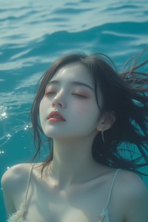 Masterpiece, high quality, cinematic lighting, bright colors, the girl closes her eyes and floats on the sea, with only her face above the water