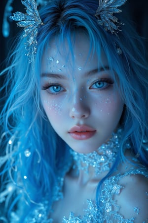 1girl, most beautiful korean girl, Korean beauty model, stunningly beautiful girl, gorgeous girl, 20yo, over sized eyes, big eyes, smiling, looking at viewer, ((Cowboy Shot: 1.5)), very beautiful, long transparent white/blue hair, blue eyes, liquid, wet, water,  blue color pallete aesthetic lighting, lot of details, narue ,1 girl,misty, holographic, ,light painting, futuristic digital, realistic sci-fi, lights, gold filigree, silver lashes, diamond, ethereal, misty, holographic