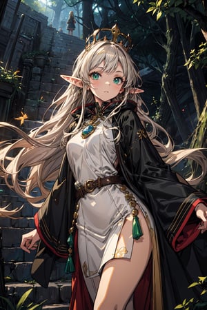 a young elf queen, a golden crown made of roots and precious stones. She wears a beautiful tight white dress, which highlights her silhouette and her full breasts, her hair is green and her eyes are blue, she looks towards the viewer, and around her is a beautiful background of a mystical and magical forest.