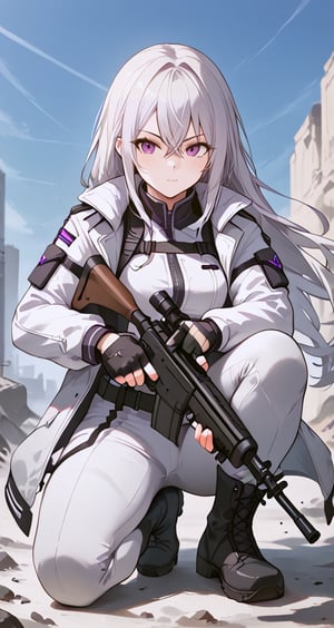 1girl, solo, long hair, looking at viewer, bangs, gloves, long sleeves, holding, hair between eyes, closed mouth, purple eyes, jacket, full body, weapon, white hair, boots, black gloves, pants, fingerless gloves, holding weapon, gun, white jacket, holding gun, rifle, white pants, one knee, sniper rifle, aiming, scope