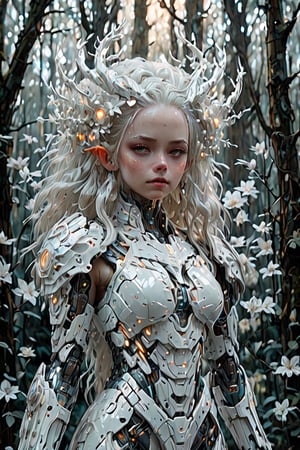 ((from directly below)),Ultra sharp, photorealistic,1 girl, mysterious (albino) dryad,Queen crown, beautiful eyes, pure white floral elements, bioluminescent trees, lush forest of glowing plants,White Leaf,
Lush foliage and intricately geared body, soft and captivating light,DonMB4nsh33XL ,0ffsh0ulder,Flower queen,CHIBI,girl,Mecha