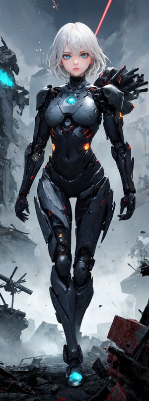 Captured in mid-stride, a lone figure emerges from the smoldering ruins: a slender young female cyborg with piercing blue eyes and striking white hair, clad in a futuristic black and red battle suit. The desolate alien battlefield stretches behind her, littered with twisted metal and shattered debris. Her gaze is fixed ahead, eyes blazing with determination as she surveys the devastation.,ghostrider,misty, holographic, ,light painting, futuristic digital, realistic sci-fi, lights, gold filigree, silver lashes, diamond, ethereal, misty, holographic