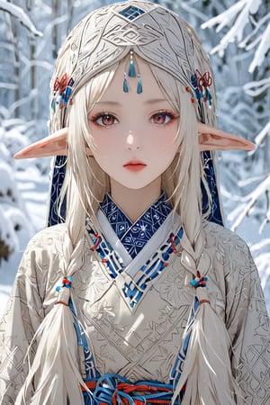  a beautiful Albino elf girl,elf ear, wearing traditional Ainu attire, adorned with intricate embroidery and patterns symbolizing Ainu culture,Clothing embroidered with traditional Ainu patterns,
 Her garments include a dress and apron,Completing her look is a unique headpiece that enhances her beauty,With pride in Ainu culture,Misery Stentrem,Nina Aslato