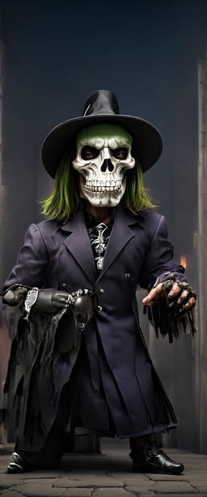 Masterpiece, Best Quality, High Resolution,Grim Reaper as a pimp form 1970’s wearing a zoot suit style outfit, Black and Green outfit, Dynamic Pose,in city, simple-background, HD resolution, Insane detail, hyper realism, Dramatic lighting, Grim Reaper Inspired, holding a raven skull head Cain, wearing a black Feathery pimp hat, Ravens incorporated, Ravens within the art photo,