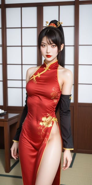 1girl, solo, long hair, looking at viewer, black hair, hair ornament, dress, bare shoulders, brown eyes, standing, ponytail, detached sleeves, indoors, no panties, chinese clothes, red dress, china dress, red lips