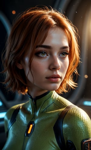 score_9, score_8_up, score_7_up, score_6_up, score_5_up, score_4_up score_9,score_8_up, 3D rendering, female character, digital art, photorealistic,scaled green body suit, heart shaped cutout, orange short bobbed hair,long eyelashes, subtle makeup, light skin, high-resolution image, soft lighting, dramatic lighting, spaceship background, science fiction, chiaroscuro, score_4_up