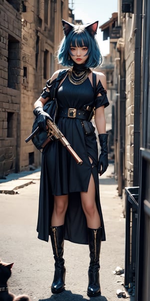 1girl, looking at viewer, short hair, blue eyes, gloves, dress, holding, blue hair, standing, full body, weapon, boots, solo focus, black gloves, black footwear, holding weapon, armor, blurry, gun, military, holding gun, rifle, assault rifle,CAT WITCH,egypt