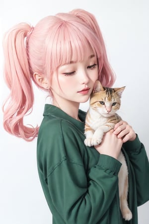 Best picture quality, high resolution, 8k, realistic, sharp focus, realistic image of elegant lady, beauty, supermodel, twin tails, thick sweater, cute side hair accessory, holding a cat in both hands, one eye closed, Smirk, (high quality:1.0) (white background:0.8), detailed face, (blush:0.8), 1 girl,Young beauty spirit, ZGirl, perfect light, Detailedface,1 girl, big eyes, eye shadow ,SharpEyess, 
,perfecteyes eyes ,Smirk,Detailedface, perfect light,ZGirl,photo of perfecteyes eyes,nodf_lora,DonMSn0wM4g1c,yofukashi background,portrait,wrenchsmechs,ASU1,scandal mami