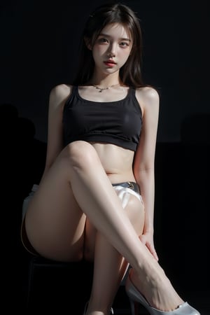 (Best quality, 8k, 32k, Masterpiece, photorealistic, high contrast, UHD:1.2),lifelike rendering, Photo of Pretty Korean woman, 1woman, solo, 30yo, stunning, (medium-short dark brown hair), double eyelids, highly detailed glossy eyes, glossy plump lips, lipstick, daily makeup, detailed facial features, natural medium-large breasts, wide hips, long-legged, balanced female body, soft curves, (pale skin:1.3), detailed real skin texture, necklace, white cotton vest, mutli-layered skirt, pumps heels, (midnight, night, dark theme:1.4), luxury hotel room, huge white room, sexy face, sexy eyes, smile, from front top, photon mapping, ray tracing, (beautiful legs), detailed hair, detailed fabric rendering