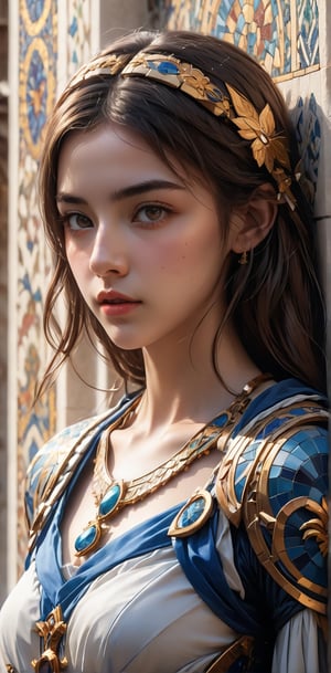 Byzantine Mosaics of a girl. (masterpiece, top quality, best quality, official art, beautiful and aesthetic:1.2), (1girl:1.4), portrait, extreme detailed, highest detailed, simple background, 16k, high resolution, perfect dynamic composition, bokeh, (sharp focus:1.2), super wide angle, high angle, high color contrast, medium shot, depth of field, blurry background,,itacstl