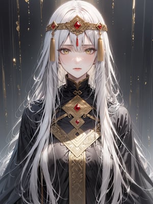 Score_9, score_8_up, score_7_up, score_6_up, A picture composed of gold, white, black and red, the upper body is that of an ancient oriental beauty, with long flowing white hair, the hair strands are clearly visible, the face is pale, the skin is pale, and the expression is solemn. He was covered in a large black cloak and held a white sword. Facing the audience, gold foil falls,
负向提示