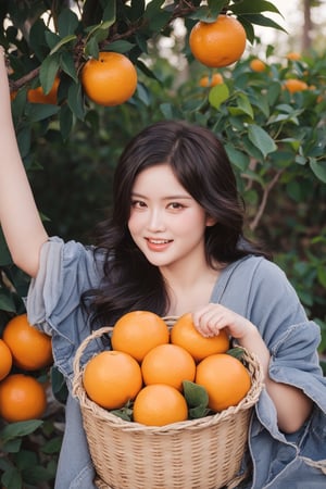 Autumn is coming,The farmers in the orange groves began to get busy。They wore orange overalls,Expertly picking oranges。Golden oranges gently slide down the trees,Like golden beads,Gently load into the basket。Take a look at these fresh oranges,The faces of the farmers were filled with the joy of a good harvest。 hyper-detailing,photography of