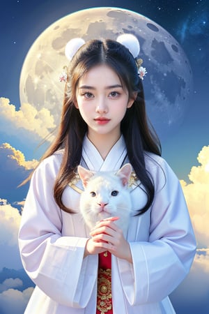 Portrait of an asian girl, beautiful face, (beautiful hands:1.5), white rabbit, chinese costume, looking at the viewer, moon, big moon in the background, natural light, cinematic color, high realism, high detail, surrounded by clouds