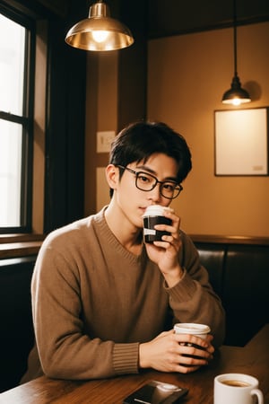 A perfectly framed shot of a handsome Asian man, wearing glasses, sipping coffee in a cozy coffee shop. Natural light pours through the window, casting a warm glow on his face. The composition is spot-on, with the subject's eyes directly facing the camera. A single flash of light from a nearby lamp adds depth to the scene. Captured in RAW and HDR formats, this UHD image (64K) showcases stunning detail and clarity.