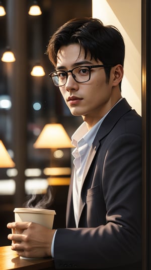 A perfectly framed shot of a handsome Asian man, wearing glasses, sipping coffee in a cozy coffee shop. Natural light pours through the window, casting a warm glow on his face. The composition is spot-on, with the subject's eyes directly facing the camera. A single flash of light from a nearby lamp adds depth to the scene. Captured in RAW and HDR formats, this UHD image (64K) showcases stunning detail and clarity.,Germany Male, ,realhands