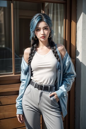 Generate hyper realistic image of a woman with long, flowing blue hair cascading over her shoulders, her piercing blue eyes locked onto the viewer with intensity. She stands confidently, wearing a stylish white jacket with long sleeves, complemented by a braided belt and matching pants. Adorned with subtle makeup and nail polish, she exudes an air of sophistication, with hoop earrings framing her face.