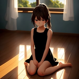A young girl sitting on a wooden floor, natural light illuminating her from a side window, focused composition with a shallow depth of field, soft shadows, and a serene expression.