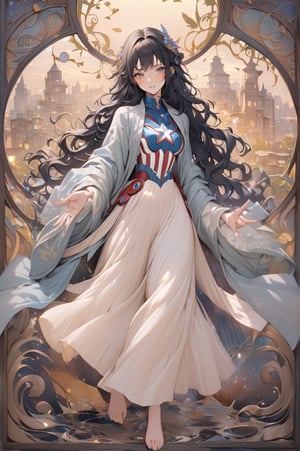 photo realistic, full body (Sarah Jordan), dressed in a very tight Captain America suit, black hair, long wavy hair (tetradic colors), no mask, night city background, inkpunk, full shot, cel-shading style, centered image, ultra detailed illustration, ink lines, strong contours, art nouveau, MSchiffer art, bold strokes, no frame, high contrast, cellular shading, vector, 32k resolution, best quality, procreation, watercolor technique, poster design, 300dpi, soft lighting, ethereal art, mysterious and serene expression, charming atmosphere, bokeh, photography, 8k, dark and dynamic action, pale faded style, dreamy nostalgic, soft focus, dark vignetting, light leaks, medium photography, art painting of shadows, ethereal photography, whimsical and rough grain