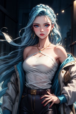 Generate hyper realistic image of a woman with long, flowing blue hair cascading over her shoulders, her piercing blue eyes locked onto the viewer with intensity. She stands confidently, wearing a stylish white jacket with long sleeves, complemented by a braided belt and matching pants. Adorned with subtle makeup and nail polish, she exudes an air of sophistication, with hoop earrings framing her face.