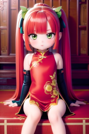 1girl, solo, long hair, gloves, dress, sitting, green eyes, ponytail, red hair, elbow gloves, sketch, chinese clothes, crossed legs, china dress, hand fan, hair stick