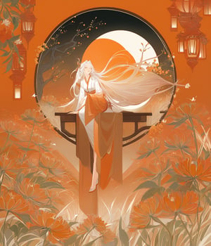 1masterpiece, best quality, ,1girl,solo,sitting,lolong hair,1girl,solo,white hair,moon,very long hair,flower,tree,long sleeves,standing,closed eyes,floating hair,bangs,a beautiful girl with long white hair and a white dress,standing in a field of orange flowers,She is surrounded by orange lanterns and birds,and there is a full moon in the background,The overall color scheme is warm and vibrant,with a focus on shades of orange and white,line art,line style,, masterpiece,best quality   ,  good structure,Good composition,good atomy  ,   clear, original,beautiful  ,