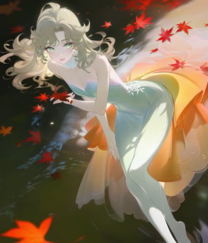masterpiece, best quality,official art, ambient lighting,ambient occlusion,professional artwork,1girl,detailed face,bright eyes,lips,full body,slim and graceful,tenderness and quiet,pastel tulle dress,long and messy hair,in autumn,wait quietly,purified water,Falling Red Leaves,depth of field,