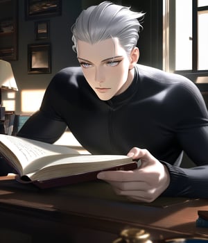 realistic, (best quality, masterpiece:1.3),
1boy,solo, reading,
silver hair, bright pupils, short hair, hair slicked back,black long sleeve shirt,
study, near the window, well-lit
fansty world