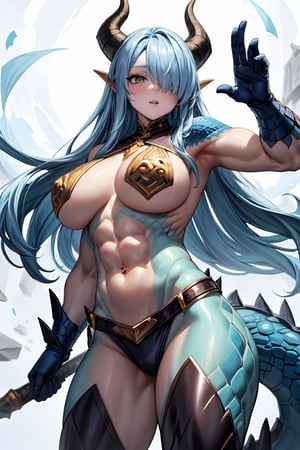 Human/dragon hybrid, with head dragon horns, with human eyes,with Human hands/dragon claw hybrid,(blue scaly draconic body,blue scaly draconic arms), human gigantic breasts, blue long hair,hair over one eye,yellow eyes,abs,muscular,((blue scaled humanoid))