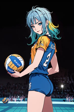 16K, HDR, masterpiece, a girl, (((colorful hair, volleyball outfit))). Half-length side view, anime style illustration with hyper-realistic details, symmetrical face, provocative eyes and soft smile. Enhanced cinematic lighting, lens flare and bokeh effects. Influenced by the art of H.R. Giger and Beksinski, presented in pastel watercolors and vivid tones.,High detailed ,chibi