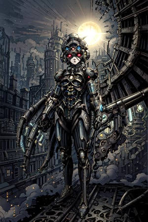 A futuristic steampunk cityscape at dusk, where Victorian-era clockwork machinery and gears coexist with neon-lit cyberpunk elements. A lone figure in a metallic exosuit stands atop a steam-powered skyscraper, gazing out upon the sprawling metropolis as the sun dips into a horizon of smoke and fog.