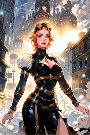 A futuristic cityscape at dusk, bathed in a warm orange glow of industrial fog lamps. A lone figure, dressed in intricately detailed steampunk attire, stands atop a sleek black motorcycle, its cybernetic enhancements glowing with neon blue lights. The metropolis sprawls below, a tapestry of ancient clockwork towers and modern skyscrapers, as the subject's gaze pierces through the haze, a fusion of vintage goggles and augmented reality contact lenses.