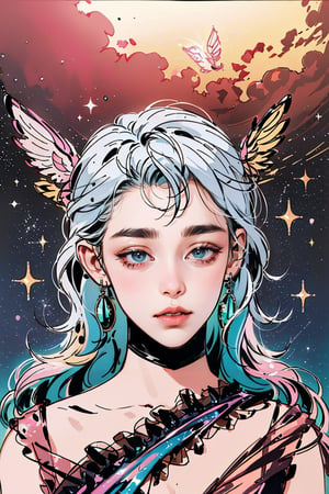 (masterpiece, best quality, CGI, official art:1.2), (stunning celestial being:1.3), (iridescent wings:1.4), shimmering silver hair, piercing sapphire eyes, gentle smile, (luminous aura:1.2), soft focus, whimsical atmosphere, serene emotion, dreamy tone, vibrant intensity, inspired by Hayao Miyazaki's style, ethereal aesthetic, pastel colors with (soft pink accents:1.1), warm mood, soft golden lighting, diagonal shot, looking up in wonder, surrounded by (delicate clouds:1.1) and (shimmering stardust:1.2), focal point on the being's face, intricate textures on wings and clothes, highly realistic fabric texture, atmospheric mist effect, high image complexity, detailed environment, subtle movement of wings, dynamic energy.
