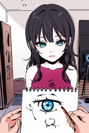 prompt: photograph of a woman who holds a strip of paper in front of her eyes that displays a pencil drawing of eyes, beautiful studio lighting photography in which the drawing of eyes obscures the real eyes,chibi