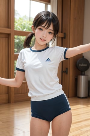 1girl 18 years old,(((short stature))), grin face,japanese,black short hair,lower pony tail,blunt bangs,head band,gym uniform white shirts short sleeve,((dark blue buruma side 3 
 stripes thigh:1.3)),standing,arched back,cow boy_shot,right hand put on hip,((left hand pointing)),gr buruma,indoor school gymnastics hall,woody floor,