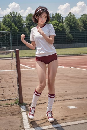 1girl japanese,((short stature))),realistic,high resolution,fist pump,black eye,black hair,short hair,head band,gym uniform white shirts short sleeve,((dark red buruma side 3 stripes thigh:1.5)),white loose socks,white sneaker,standing,full body,gr buruma,outdoor,athletics ground,net far away,