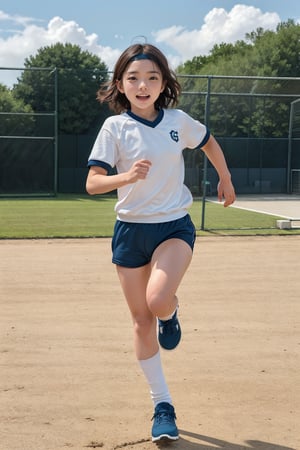 1girl 14years old,(((short stature))),grin face, japanese,black eye,brown hair,middle straight hair,head band,gym uniform white sweat shirts short sleeve,((dark blue buruma thigh:1.3)),white loose socks,white sneaker,running,full body_shot,gr buruma,outdoor,athletics ground,net far away,