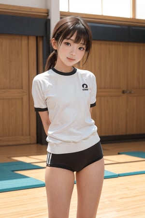 1girl 18 years old,(((short stature))), grin face,japanese,black short hair,lower pony tail,blunt bangs,head band,gym uniform white sweat shirts short sleeve,((dark brown buruma side 3 
 stripes thigh:1.3)),standing,cow boy_shot,arms behind back,gr buruma,indoor school gymnastics hall,woody floor,