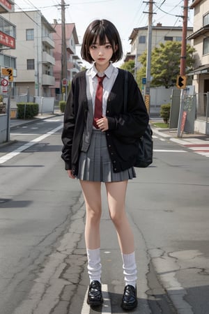 1girl,black-hair,(blunt_bangs),18 years old,school_uniform,knit cardigan,gray skirt,red tie,loose socks,