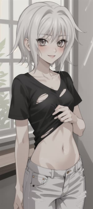 1 girl, alone, long hair, breasts, looking at viewer, blush, smile, bangs, shirt, small breasts, closed mouth, standing, collarbone, white shirt, white hair, short sleeves, cowboy shot, small breasts, abdomen , pants, indoors, lips, crop top, gray eyes, torn clothes, black shirt, window, hands together, denim, v-arms, jeans, white pants, torn pants,eft_dxd_white,koneko toujou (dxd),short hair