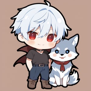 1child, boy, alone, (light blue hair,) short hair, (hair between eyes), red eyes, alone, smile, black t-shirt, blue pants, brown boots, wolves, (chibi,), blush,,, (simple background halloween transylvania), (highlighted in eyes), serious look