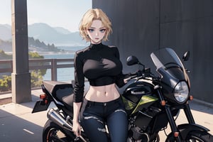 1girl, Beautiful landscapes, hyper-realistic precision, digital art techniques, impressionist: dappled light, bold and colorful portraits, wide angle. A young Korean K-pop star sits on a Kawasaki 400 motorcycle next to the wall. High nose bridge, doe eyes, sharp jaw, full lips and hourglass figure. Soft lighting envelops your face, accentuating every curve and crease. Disordered maximalism. Feminine core. Mote Kei. Very high resolution details, short hair, blonde hair, big breasts, abs, blue eyes, black shirt and black jeans.