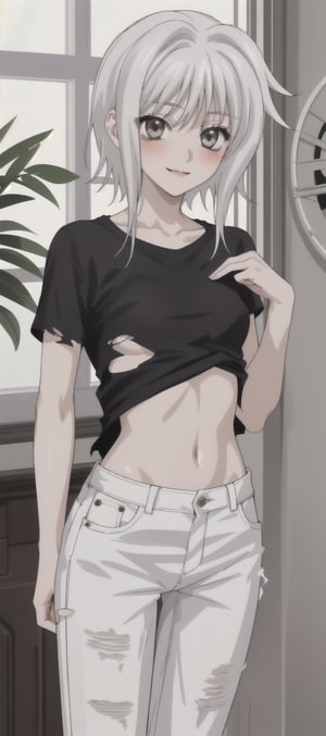 1 girl, alone, long hair, breasts, looking at viewer, blush, smile, bangs, shirt, small breasts, closed mouth, standing, collarbone, white shirt, white hair, short sleeves, cowboy shot, small breasts, abdomen , pants, indoors, lips, crop top, gray eyes, torn clothes, black shirt, window, hands together, denim, v-arms, jeans, white pants, torn pants,eft_dxd_white