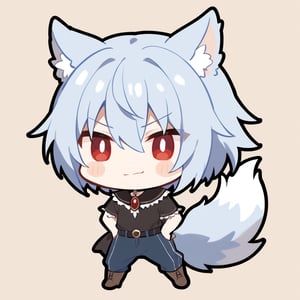 1child boy alone (light blue hair) short hair (hair between eyes) red eyes alone smile black t-shirt blue pants brown boots wolves (chibi) blushing (simple background) halloween transylvania), (highlight in the eyes), serious look, serious expression, wolf ears, wolf tail