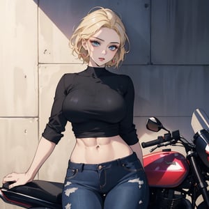 1girl, Beautiful landscapes, hyper-realistic precision, digital art techniques, impressionist: dappled light, bold and colorful portraits, wide angle. A young Korean K-pop star sits on a Kawasaki 400 motorcycle next to the wall. High nose bridge, doe eyes, sharp jaw, full lips and hourglass figure. Soft lighting envelops your face, accentuating every curve and crease. Disordered maximalism. Feminine core. Mote Kei. Very high resolution details, short hair, blonde hair, big breasts, abs, blue eyes, black shirt and black jeans, abs.