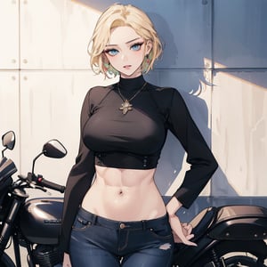 1girl, Beautiful landscapes, hyper-realistic precision, digital art techniques, impressionist: dappled light, bold and colorful portraits, wide angle. A young Korean K-pop star sits on a Kawasaki 400 motorcycle next to the wall. High nose bridge, doe eyes, sharp jaw, full lips and hourglass figure. Soft lighting envelops your face, accentuating every curve and crease. Disordered maximalism. Feminine core. Mote Kei. Very high resolution details, short hair, blonde hair, big breasts, abs, blue eyes, black shirt and black jeans.