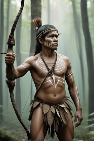 A tribal man with a bow has his body.Protecting our forest.forest looks real ,Extremely Realistic