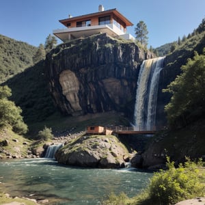A house which is built right on the top of a mountain and there is no other house nearby, there is a waterfall or a river