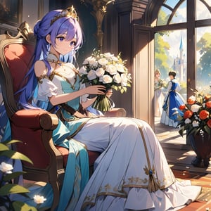 A prince is secretly taking flowers for the princess. The princess is sitting in the room and looking very beautiful. As soon as the prince comes, she becomes happy and takes the flowers.